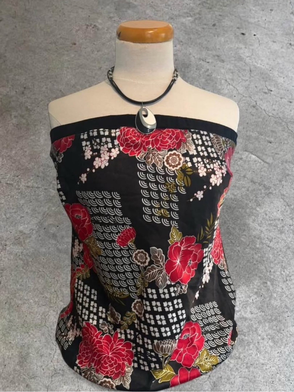 Strapless Black Floral Tube Top with Red Blooms